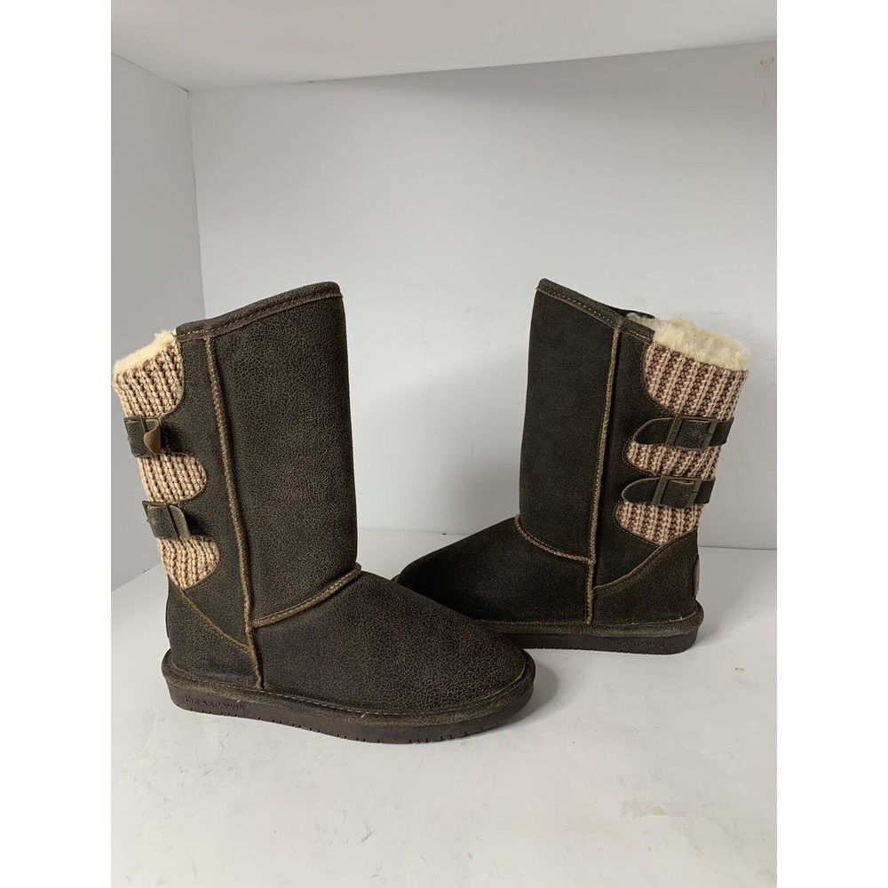 BEARPAW Women's Size 7 Brown Suede Knit Wool Sheepskin Winter Boots Buckle Warm